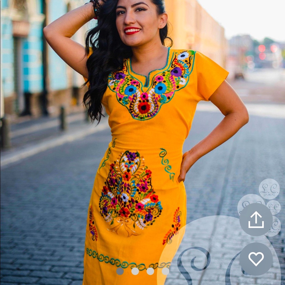 Mexican Yellow Kimono Embroidered Dress